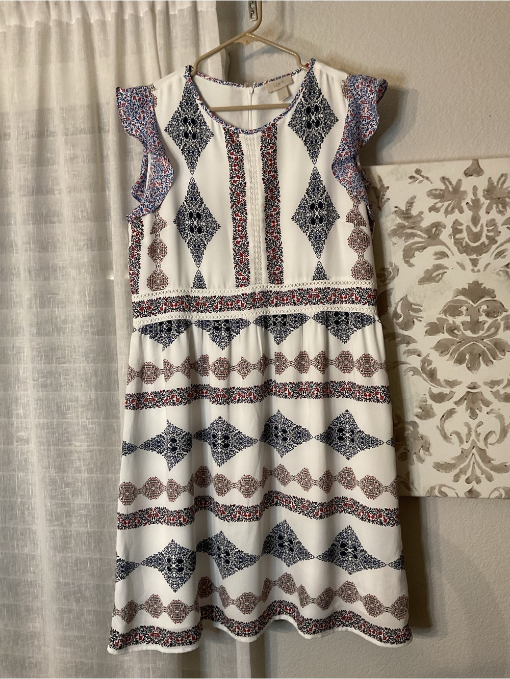 LOFT White Sleeveless Sundress with Navy and Red Geo Print